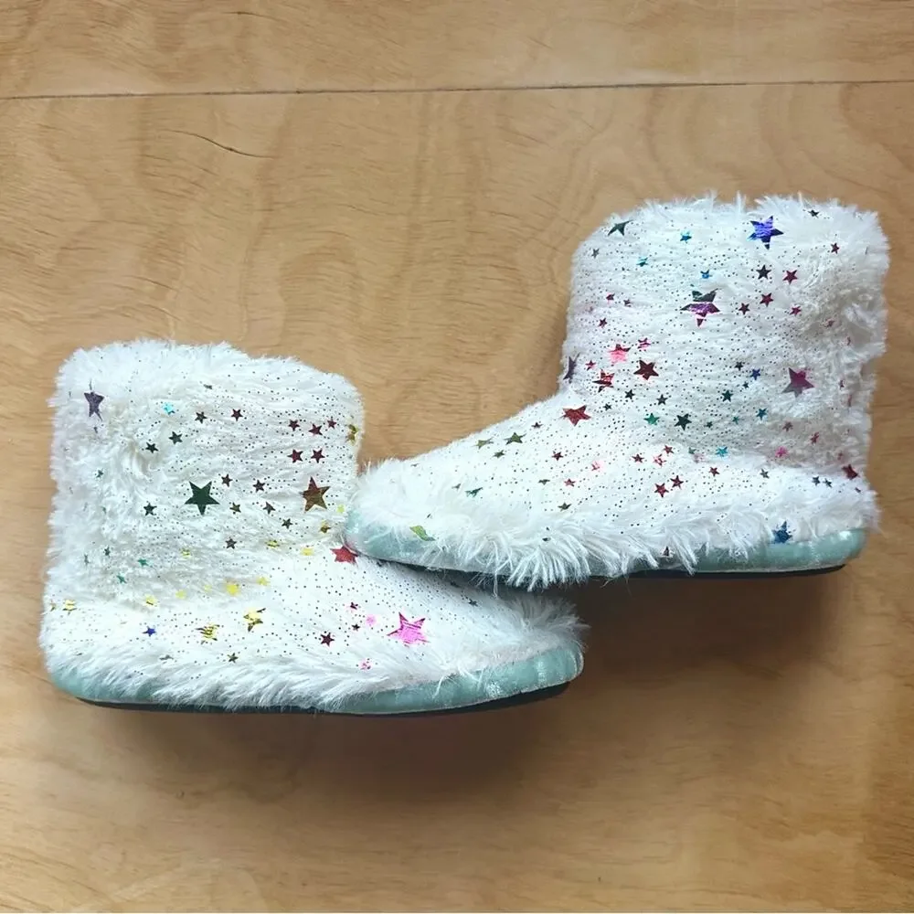 Dearfoams Toddler Slipper Boots Size S 9-10 White Faux Fur Star Cozy